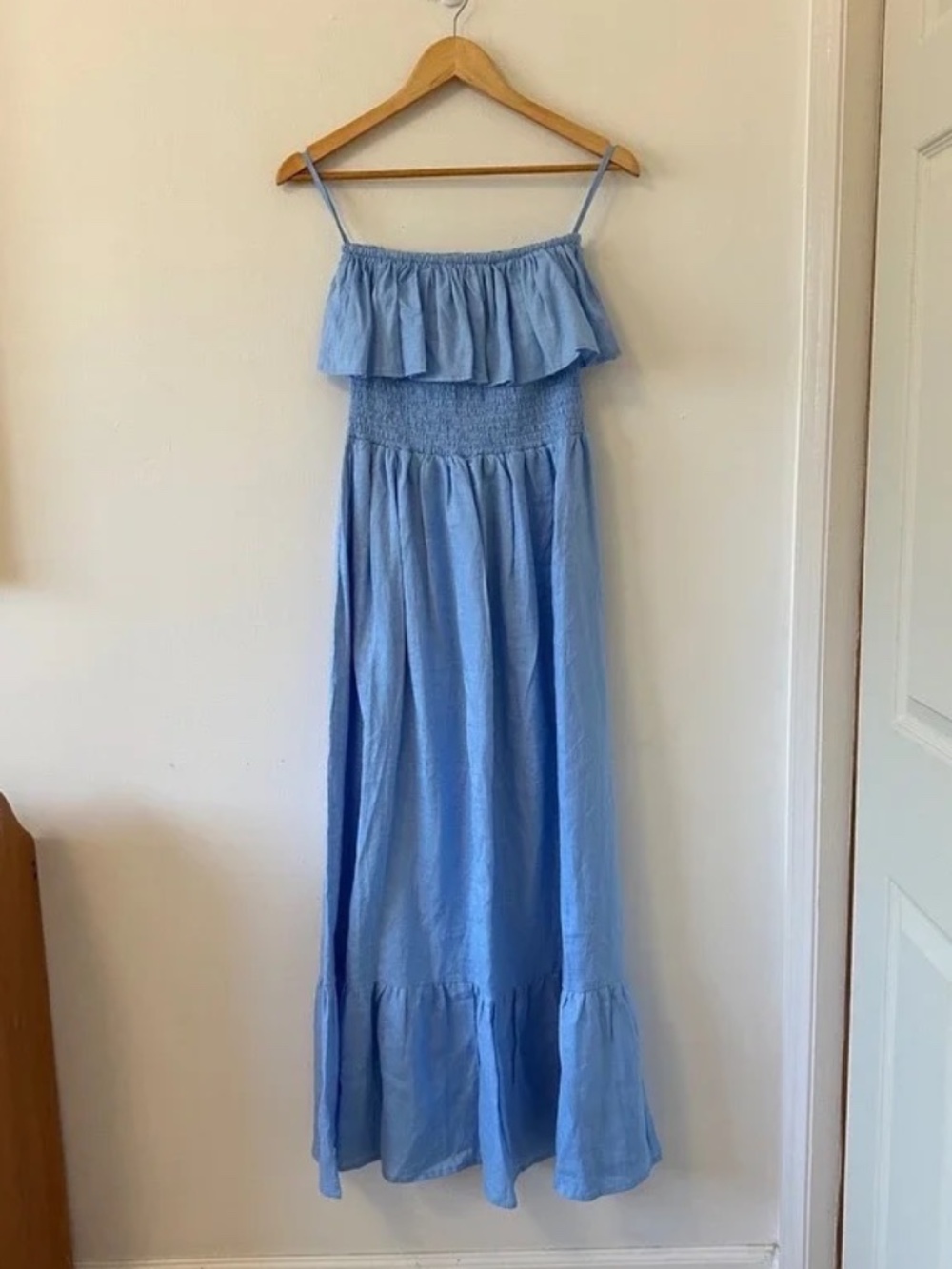 NWT Lusana Linen Strapless Ruffle Baby Blue Maxi Dress | Size Medium